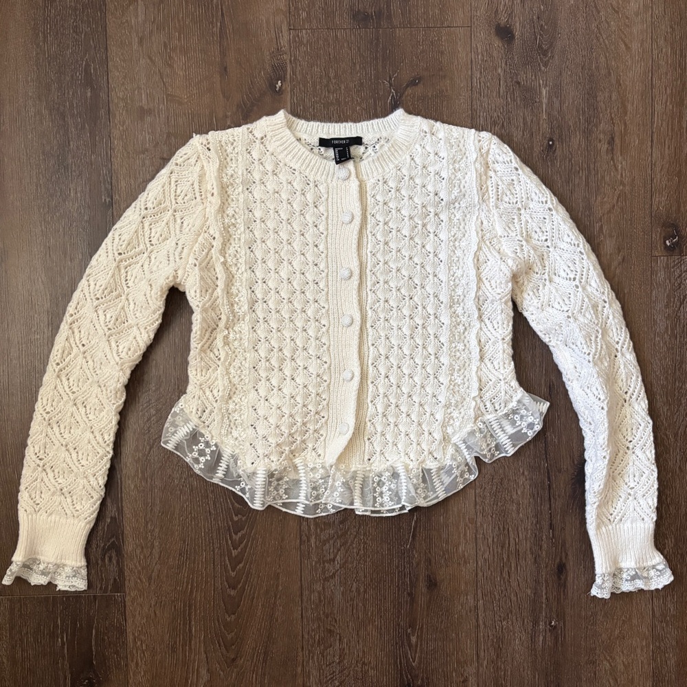 Coquette White Lace Trim Crochet Knit Sweater